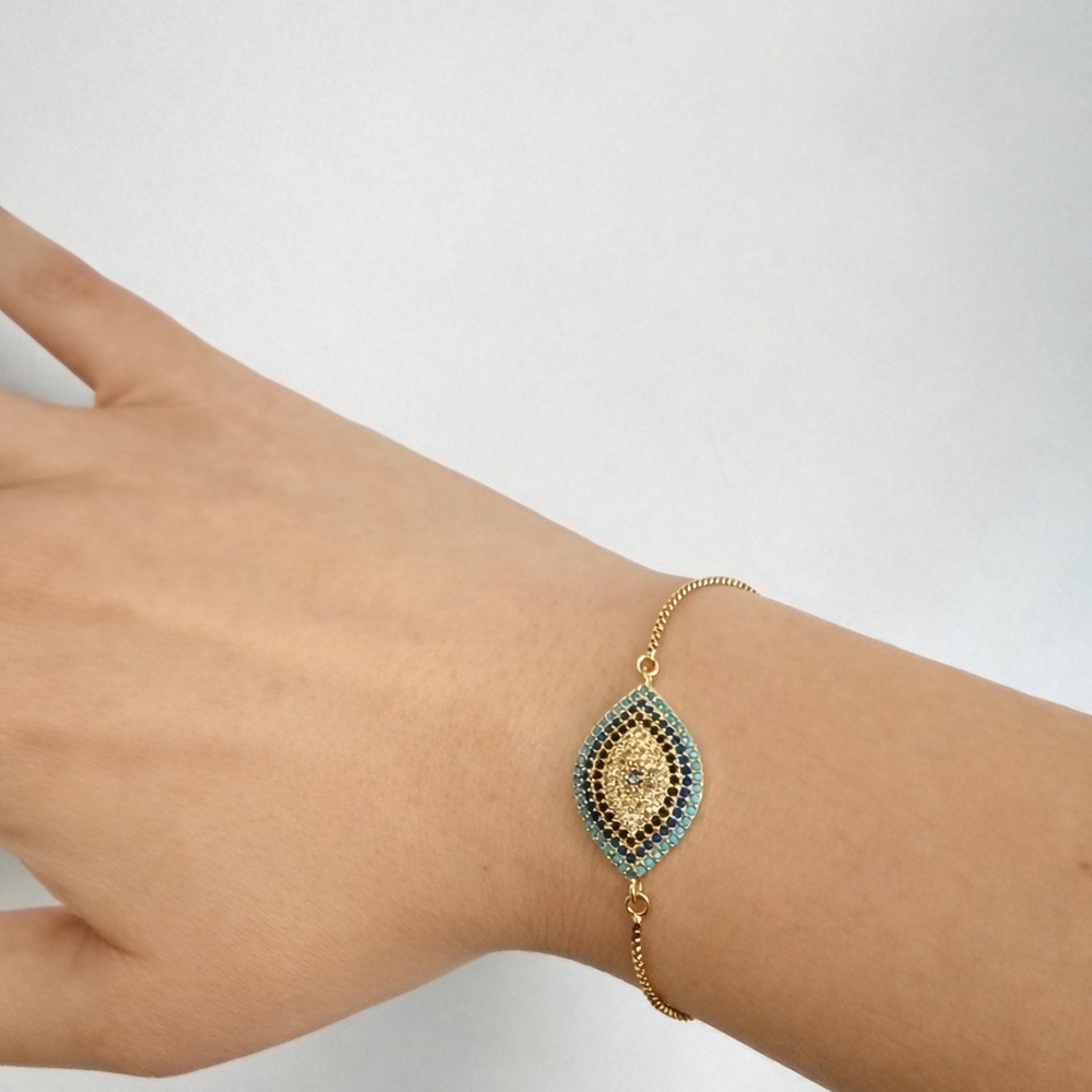 Gold Tone Evil Eye Bracelet | Stainless Steel | Adjustable